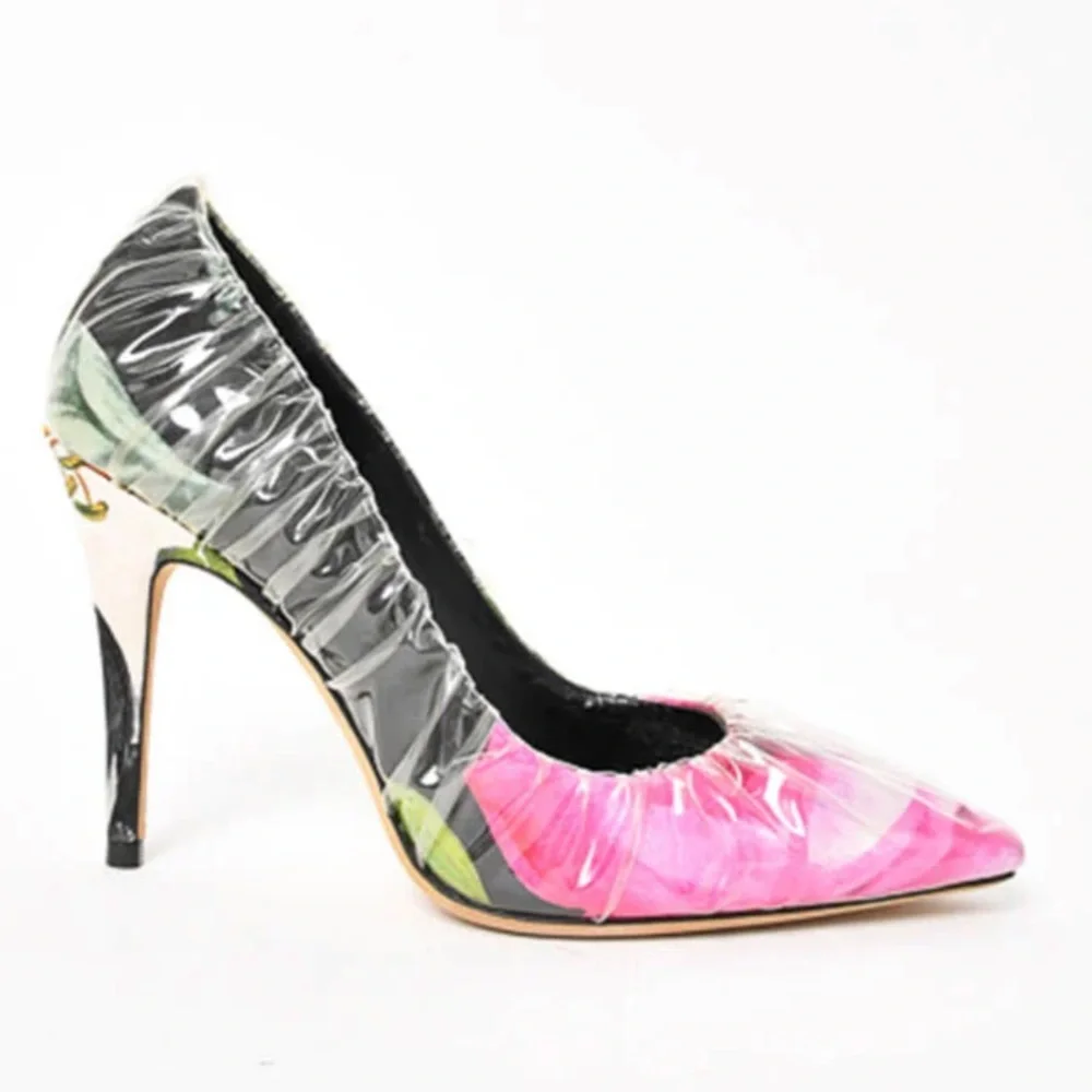 Off-White X Jimmy Choo Pink White Floral Satin Heels Plastic Overlay Size 37 - Picture 12 of 12